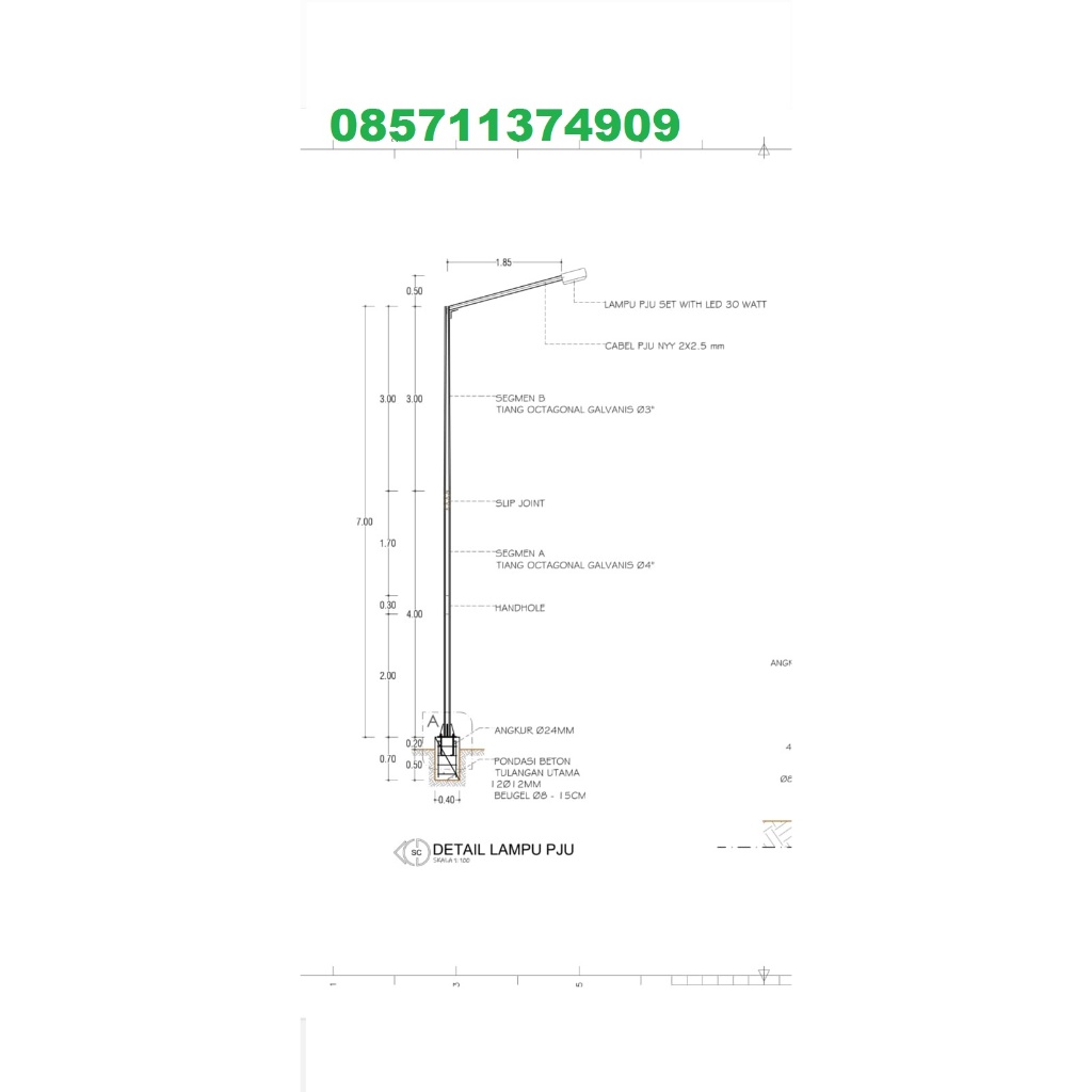 Tiang Lampu PJU Oktagonal/Hexagonal double parabole 5 6 7 8 9 meter