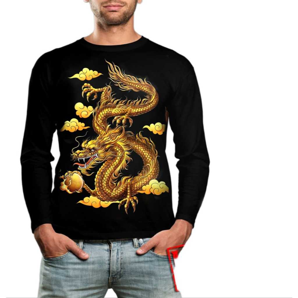 Kaos Distro Lengan Panjang Motif Naga Kuning
