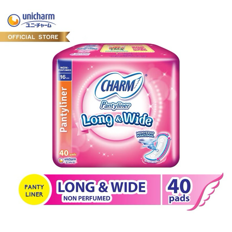 Charm Long & Wide Pantyliner Panty Liner Absorbent Fit Breathable Non Perfumed 40 Pads Pembalut