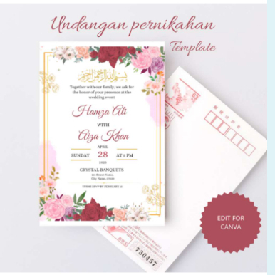 

Template Undangan Nikah Islami yang Dapat Diedit | Undangan Resepsi Pernikahan Muslim Bermotif Bunga Merah