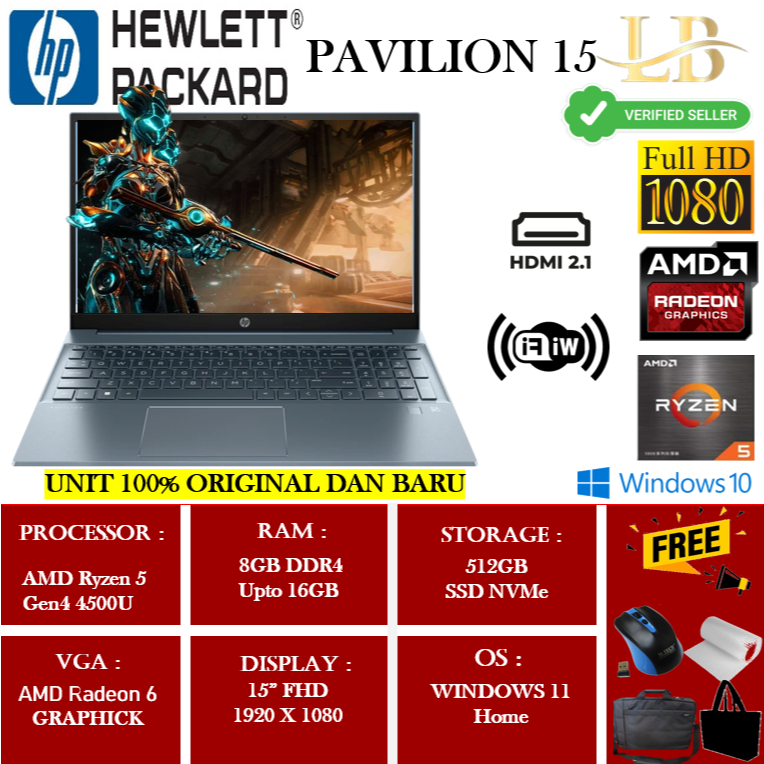Laptop Gaming Hp Pavilion 15 Amd Ryzen 5 4500U 8GB 4500U 8GB 512GB SSD 15"FHD Win10Home