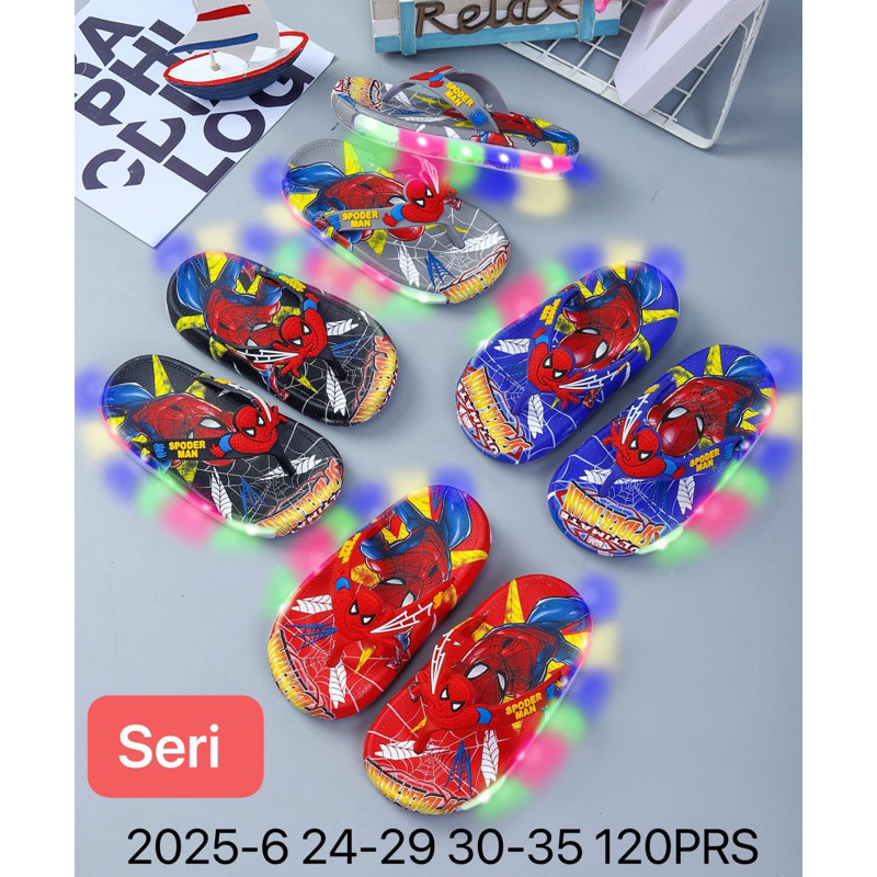 SANDAL LAMPU LED ANAK MOTIF SPIDI SPIDERMAN IMPORT FLIP FLOP