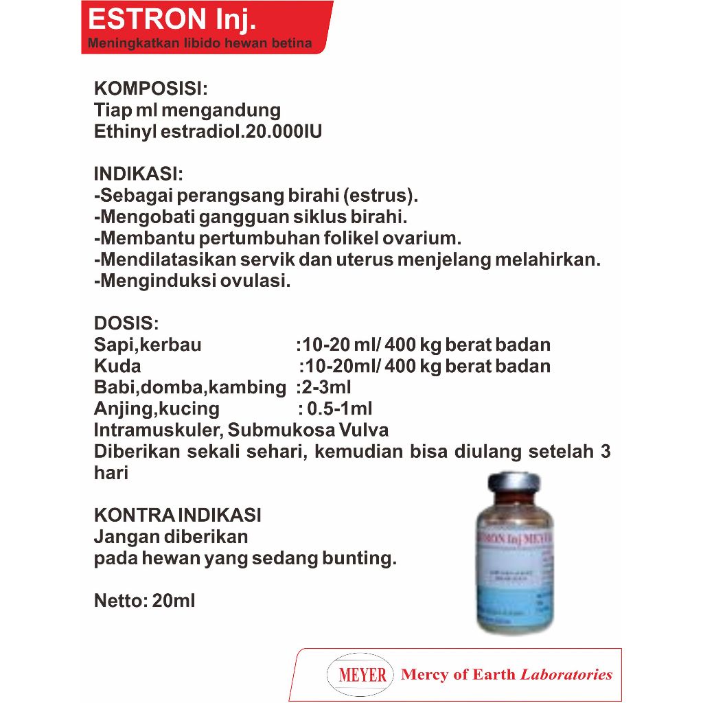 Estron Injeksi Meyer 20 ml obat birahi untuk hewan peliharaan (betina)