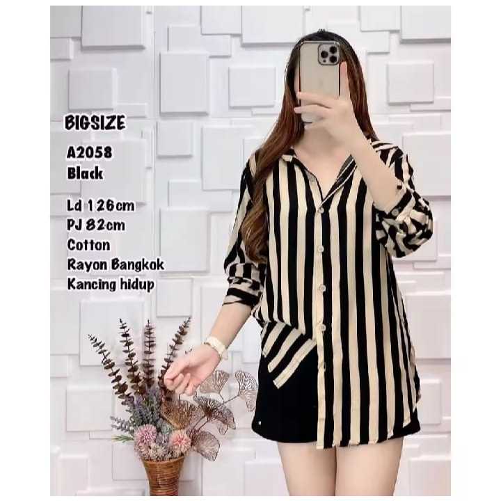 PROMO  Kemeja Wanita Jumbo Motif Salur Ld 120 Kemeja Wanita Lengan Panjang Terlaris baju wanita mode