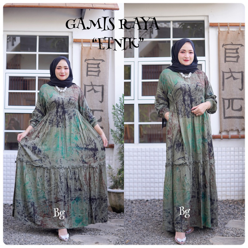 Gamis Raya Etnik hijau abu twill bg collection