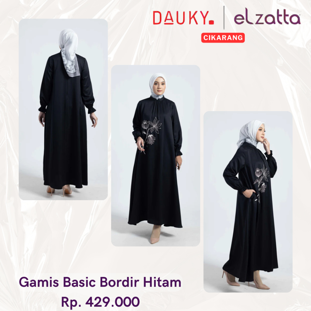 ELZATTA Gamis Basic Bordir Hitam - Fashion Muslim Baju Dress Gamis Polos Bahan PolyTexture Terbaru