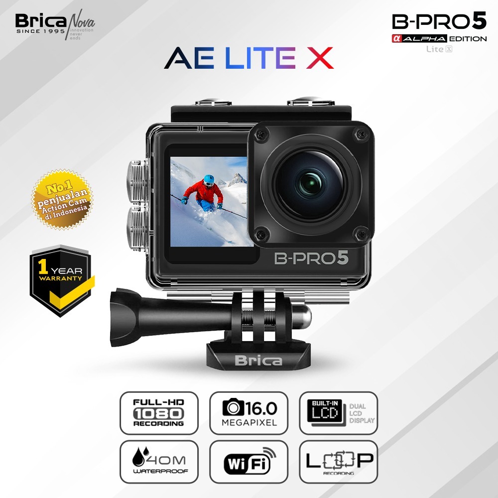 Brica B Pro 5 Alpha Edition Lite X - Kamera Aksi Hitam 16MP, 40m Tahan Air, 2 Layar LCD, Wi-Fi, 3 Jam Perekaman
