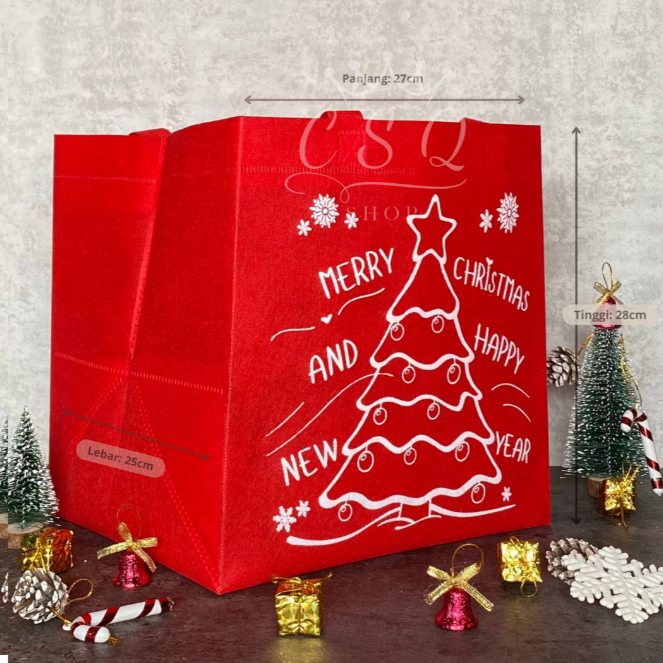 

Tas Box Kue | Tas Hampers Souvenir Natal | Spunbond Christmas | Goodie Bag Merry Xmas