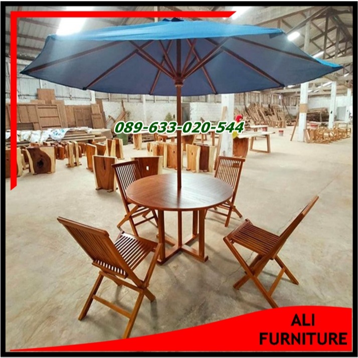 Set Meja Payung Taman Bahan Kayu Jati Meja Payung Outdoor Meja payung Set Jati