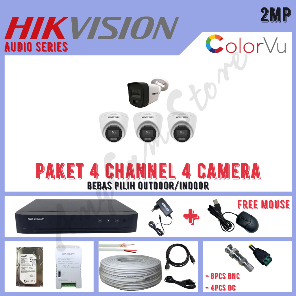 Paket CCTV Hikvision ColorVu 2MP 4 Channel 4 Kamera ColorVu Turbo HD 1080P Audio Series
