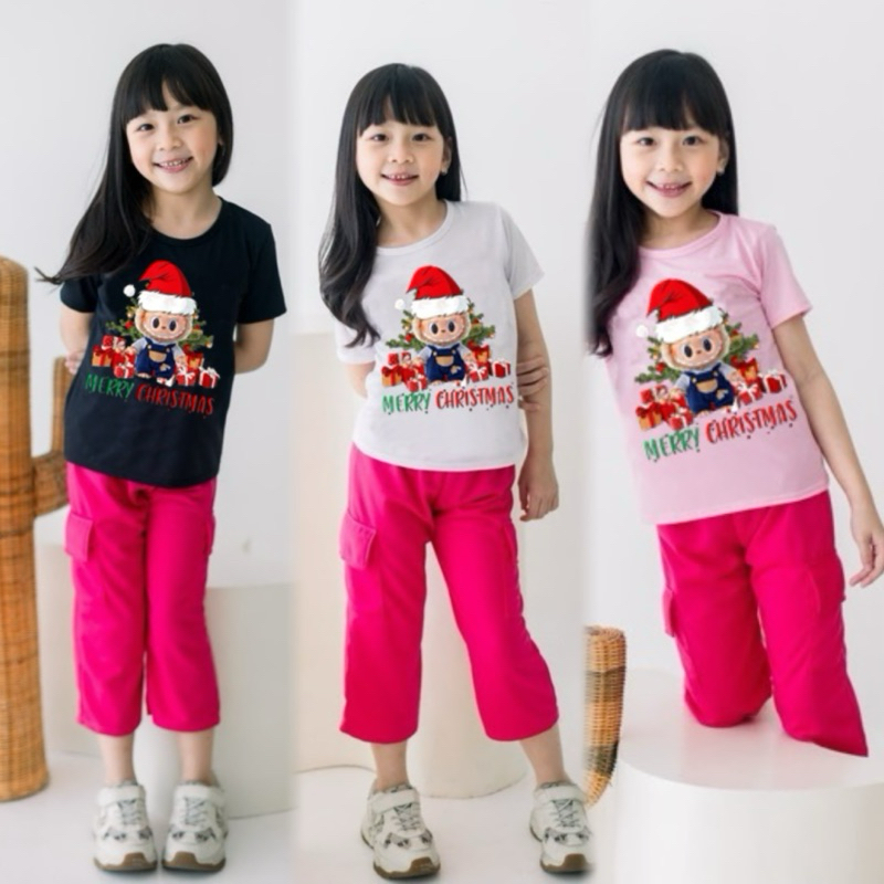 Setelan Celana Cargo Baju Natal Labubu Anak Perempuan Umur 3-10 Tahun