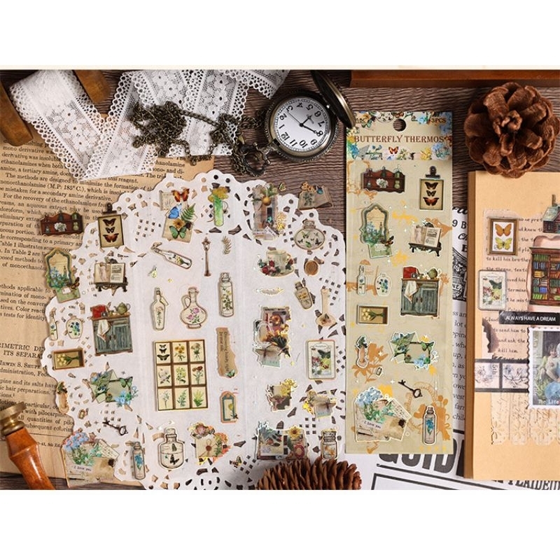 

3 lembar vintage deco sticker PET tahan air dekorasi jurnal scrapbook diary