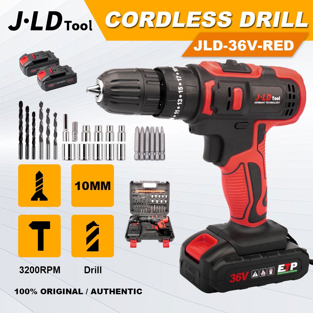 JLD 36vf Mesin bor baterai bor 10mm bor Impact listrik bor cordless murah Obeng listrik 2Baterai Ful