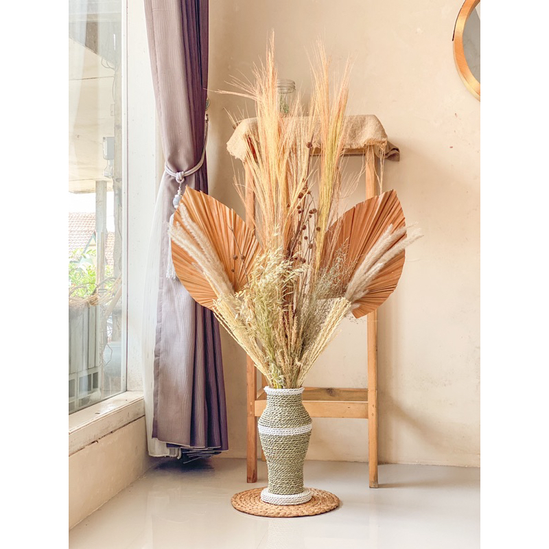 Paket Lengkap Bunga Kering + Pot Vas Guci 30cm Paket U Palem Kering+Pampas+Rayung+Ilalang+Dekorasi R
