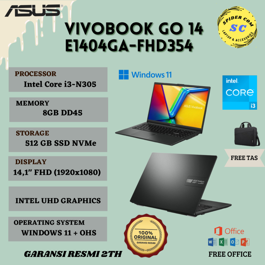 ASUS VIVOBOOK GO 14 E1404GA-FHD354|I3-N305/8GB/SSD 512GB/14' FHD/INTEL UHD/WIN 11 + OHS ORIGINAL