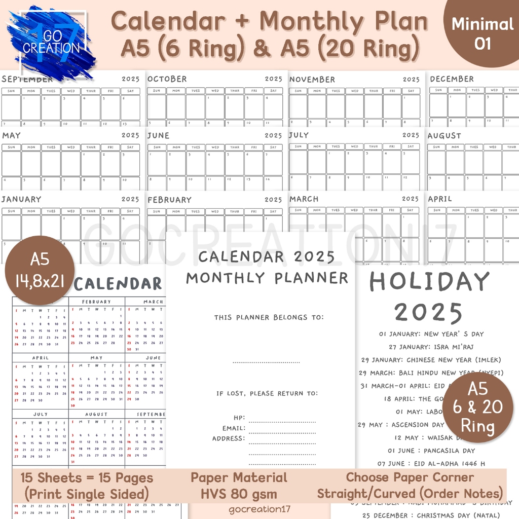 

MRH1 Buku Planner Kertas Binder Monthly Plan dan Calendar 2025 Kalendar Simple Minimalis A5