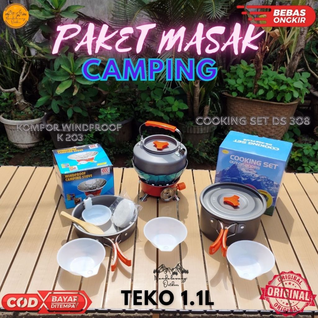 PAKET ALAT MASAK CAMPING OUTDOOR KAP 3-4 ORANG DS 308 DAN KOMPOR CAMPING WINDPROOF ALAT MASAK 1 SET 