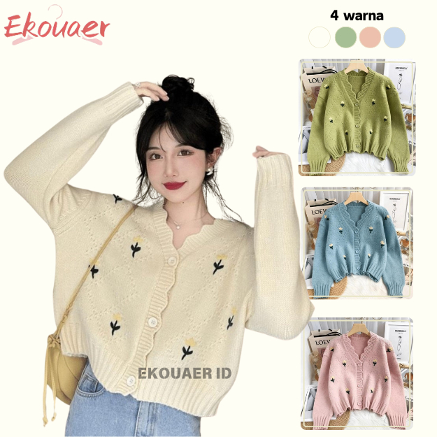 Ekouaer Knitwear Outer Cardigan Crop Flower Premium Rajut Cardigan Atasan Biru Putih Pink Hijau