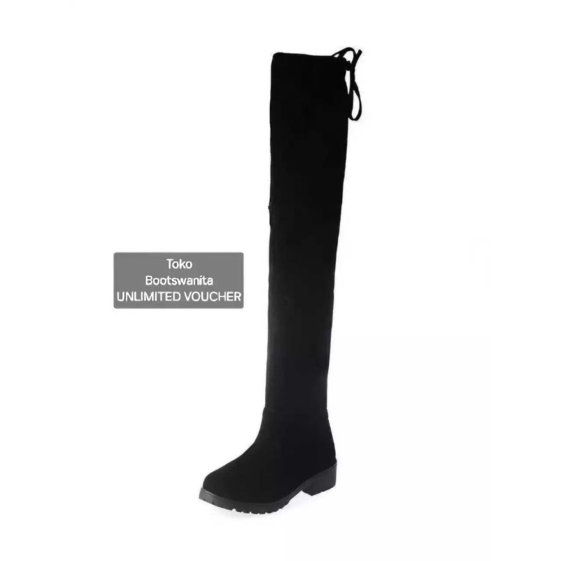 Knee Boots Panjang Atas Lutut Hitam Flat Wanita B25 Ukuran 35 - 42