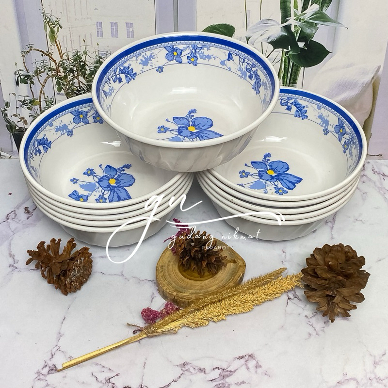 1 lusin mangkok bulat melamine motif bunga kembang tebal