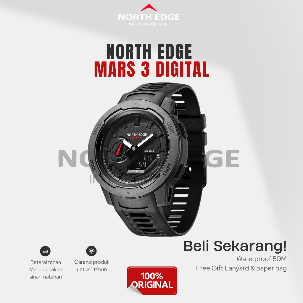 North Edge Mars 3 jam tangan militer pria, jam tangan Digital serat karbon tahan air 50M jam tangan 