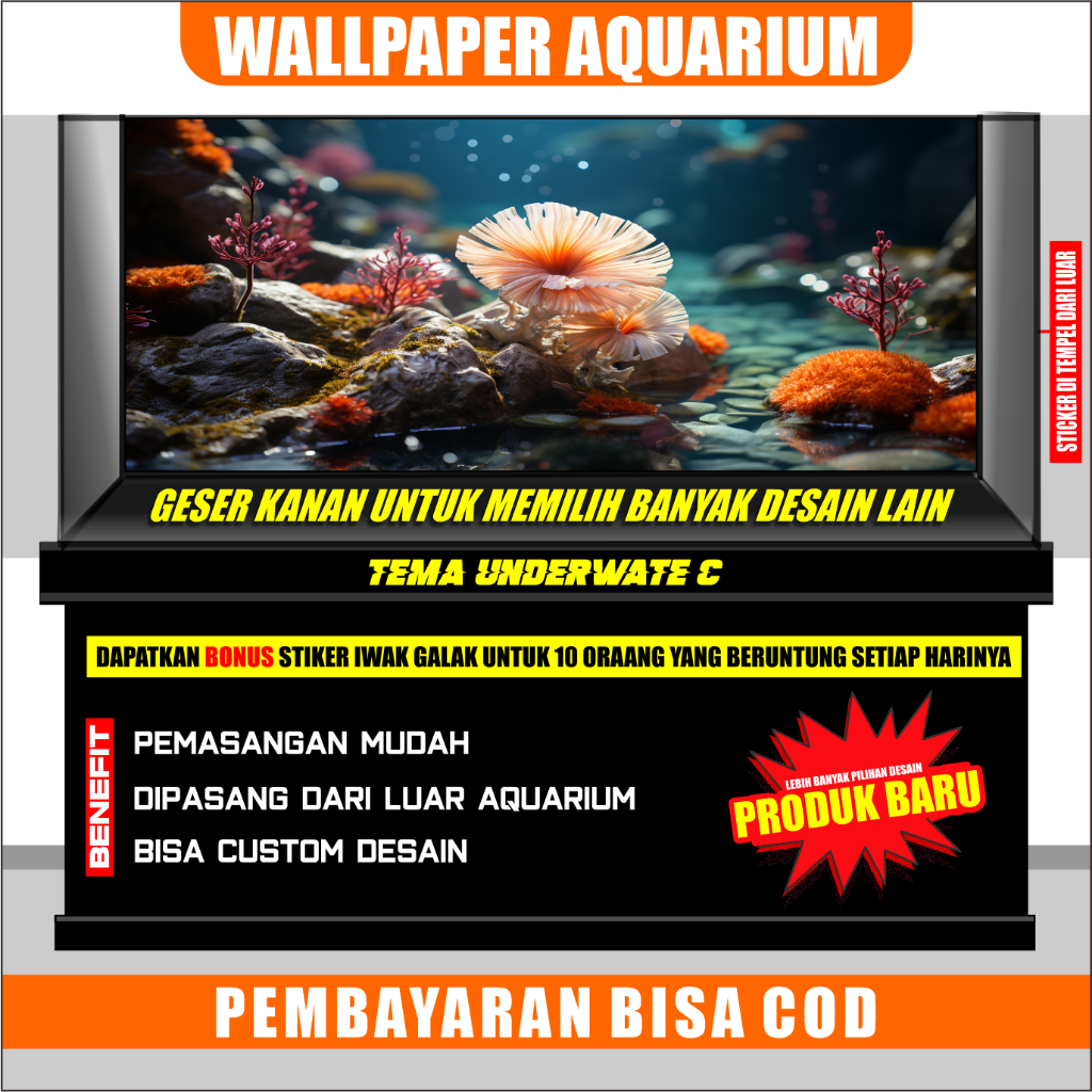 sticker aquarium, background aquarium 3d, wallpaper aquarium belakang 3d bawah laut trumbu karang
