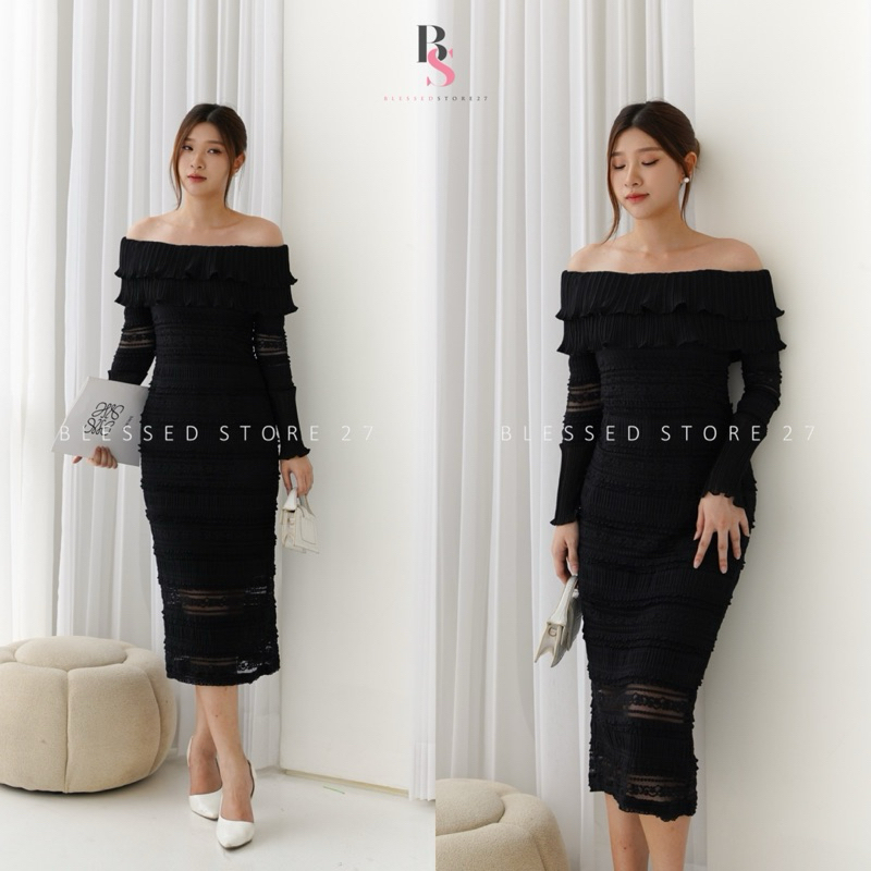 D1664 FASTER KOREAN STYLE SABRINA BROCADE DRESS SIMPLE POLOS KONDANGAN LENGAN PANJANG ELEGANT