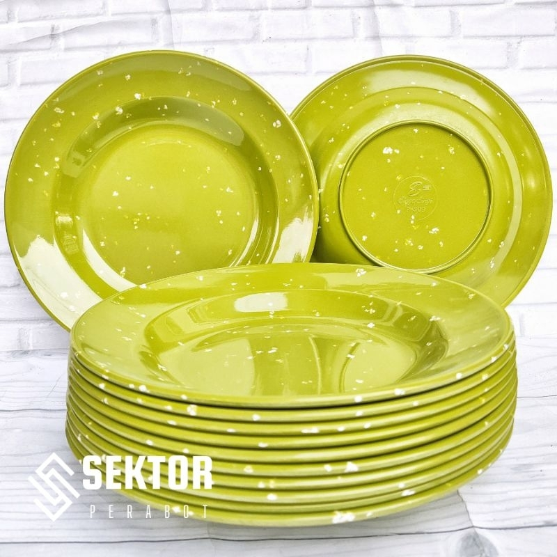 12 PCS/Satu Lusin Piring Melamin Motif Bercak - Piring Hijau Lime - Piring Makan Melamin - Piring Me