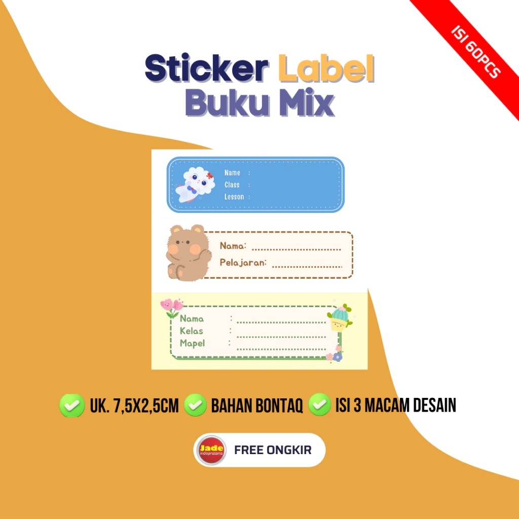 

[Isi 60pcs] Sticker Label Buku Sekolah 7,A5x2,5cm Sticker Buku Aesthetic Buku Mini Stiker Buku Anak isi 60 Lembar Stiker Murah