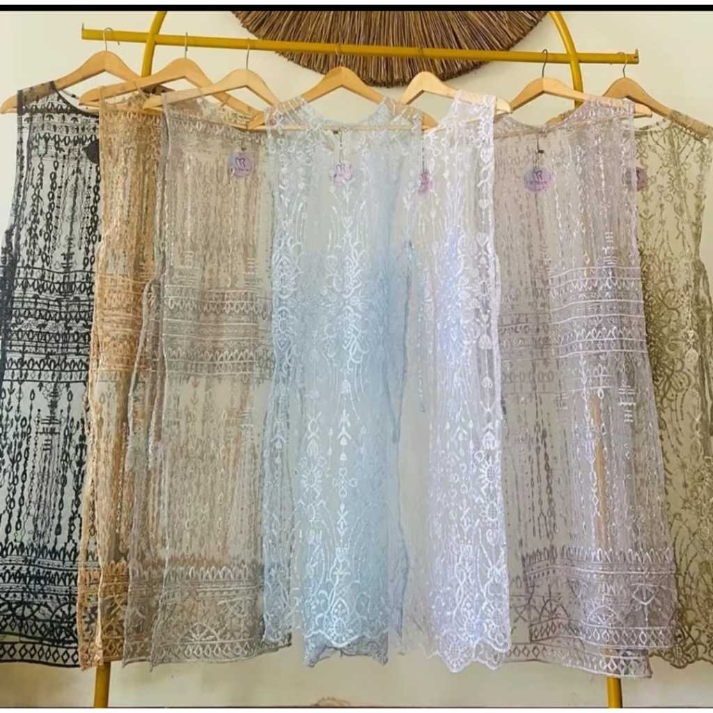 long vest brukat tulle premium - cardigan brukat rompi wanita