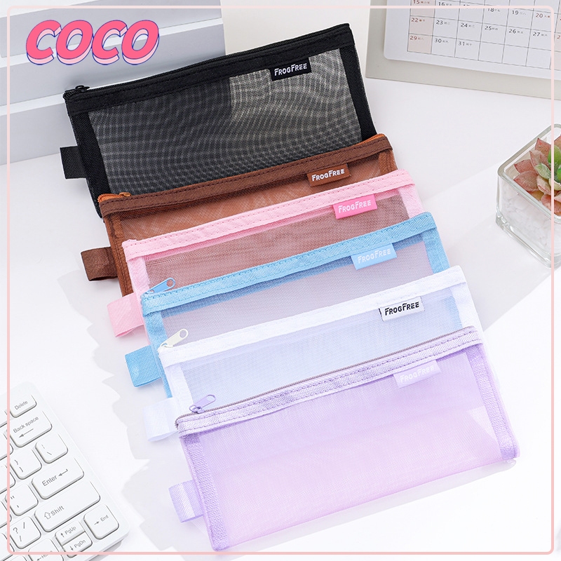 

kotak pensil/tas alat tulis/tempat pensil aesthetic/tas kosmetik/tas penyimpanan kapasitas besar jaring warna solid transparan sederhana - coco_market