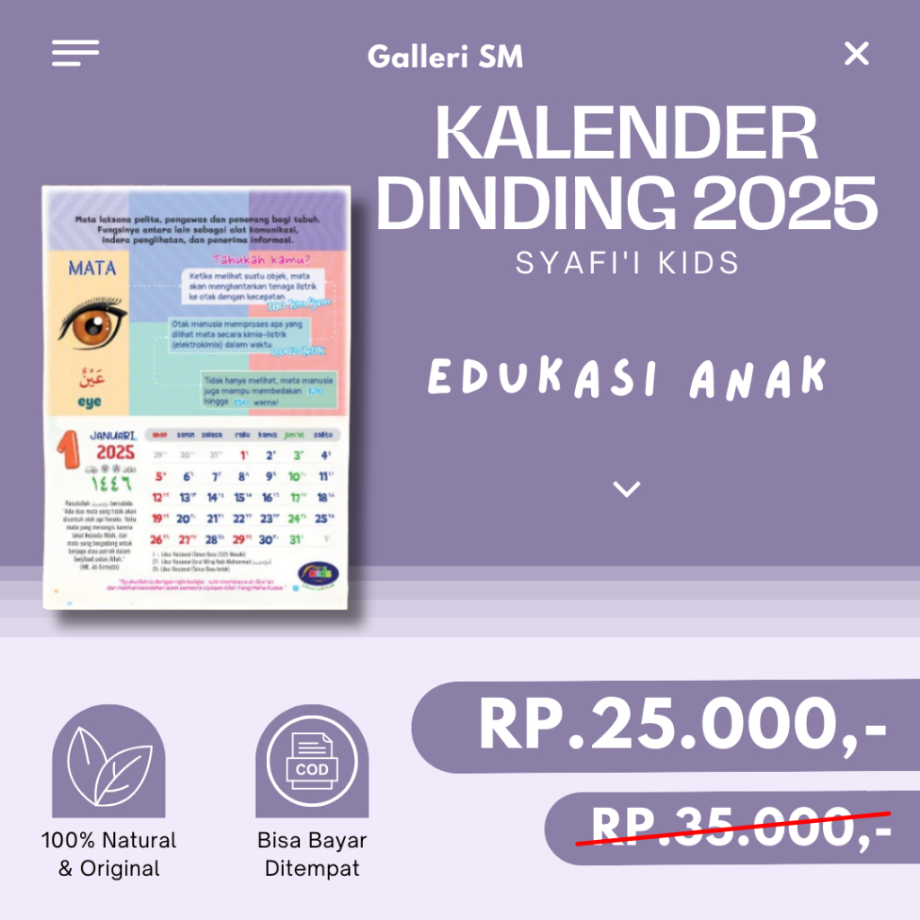 

Kalender Tahun 2025 Calendar Edukasi Anak Sholeh Tema Anggota Tubuhku Syafi'i Kids Muslim