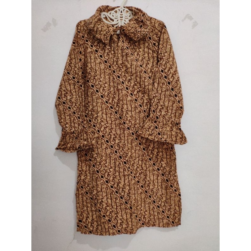 Blouse Atasan Tunik Batik Parang Coklat Bata Tangan Panjang Terompet Cewek Wanita