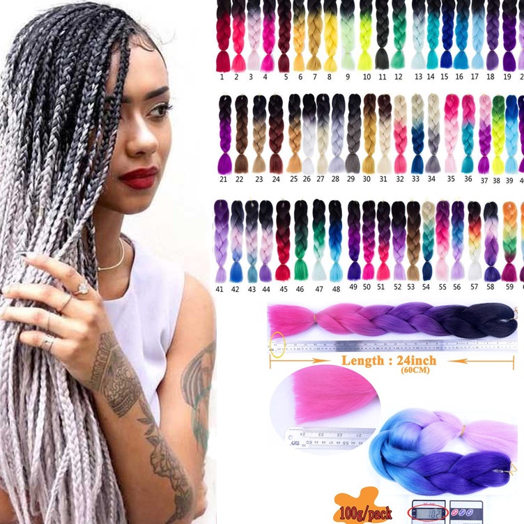 ART X3E5 Rambut Sambung Kepang Palsu Model Kepang Gaya Afrika Warna Ombre Biru Ukuran 24 Inch