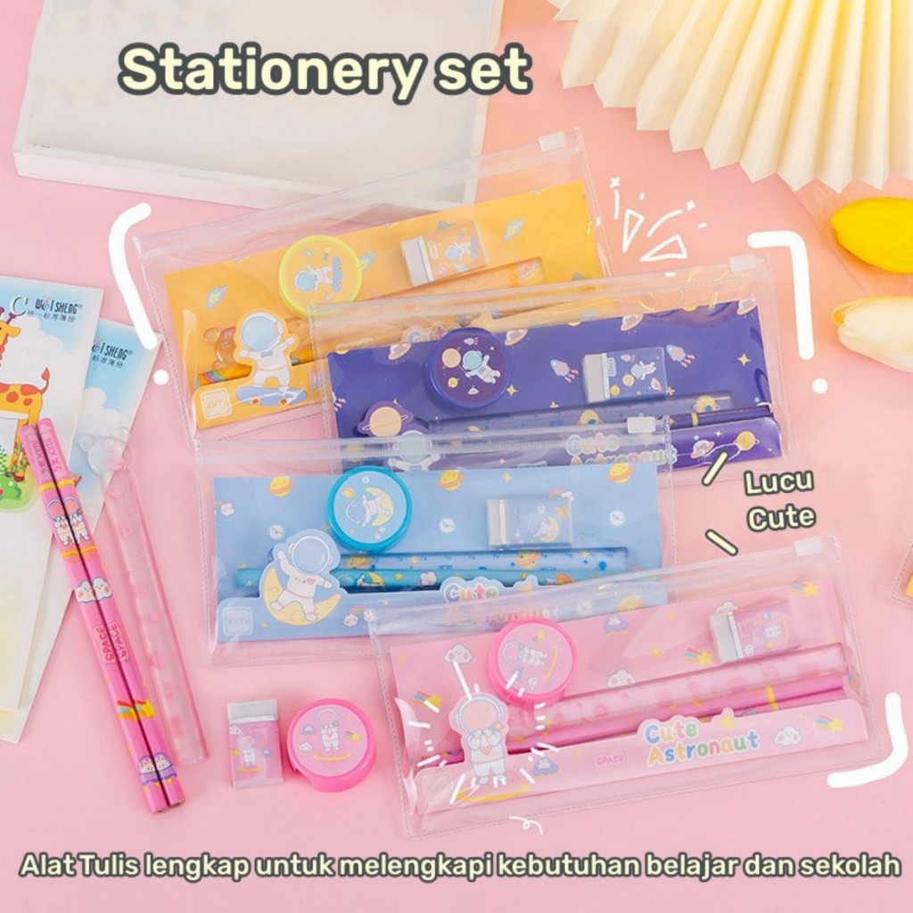 

Paket alat tulis 5 in 1 motif astronot Stationary set pensil penggaris penghapus serutan utk sekolah anak