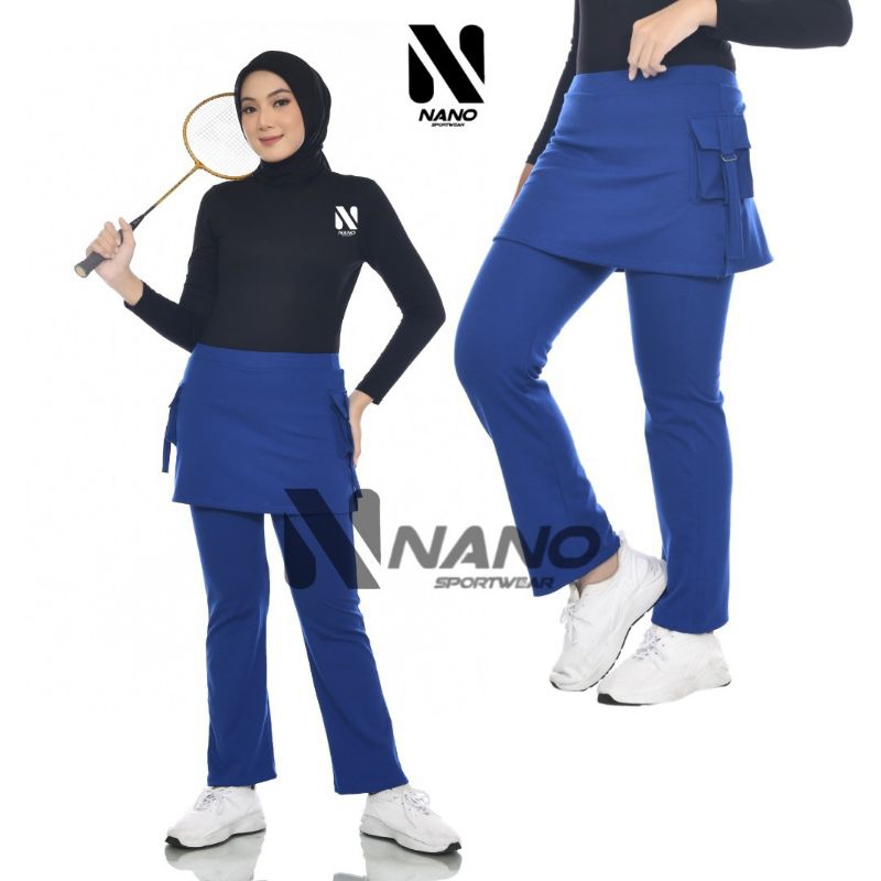 celana senam wanita panjang rok kantong biru bahan tc spandex katun