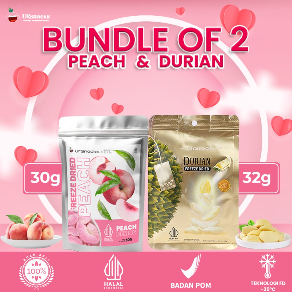

URSNACKS Bundle Of 2 - Freeze Dried Peach 30gr + Freeze Dried Durian 32gr