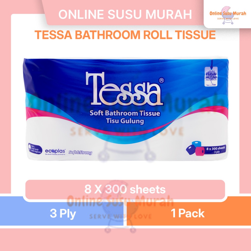 TESSA BATHROOM TISSUE ROLL 8 X 300 SHEETS 3PLY TISSU TOILET ROLL PLTS