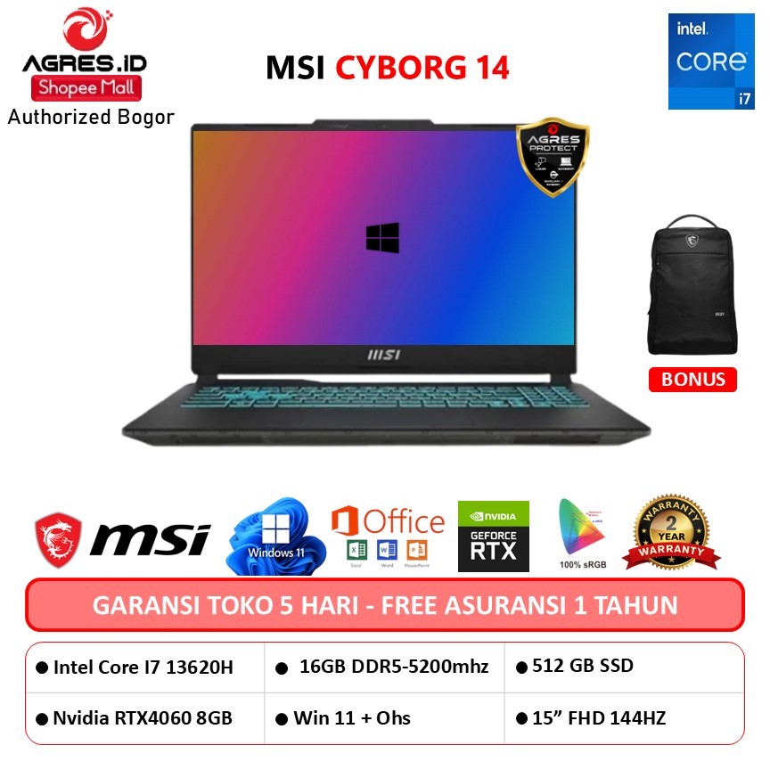 MSI CYBORG 14 I7 13620H RTX4060 8GB/ 16GB 512GB W11+OHS 14.OFHD+ 144HZ 100SRGB