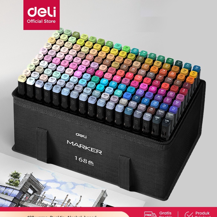 

KODE G48P Deli Spidol Sketsa Profesional Sketch Marker 168 Warna Dual Tip HM92