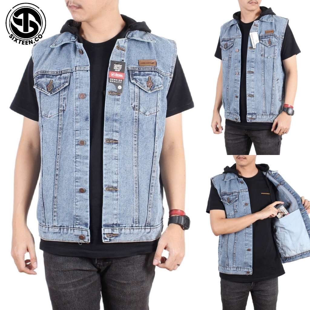 SIXTEEN - Vest Rompi Jaket Jeans Pria Gray Sandwash / Rompi Denim Hoodie Flower Country Original