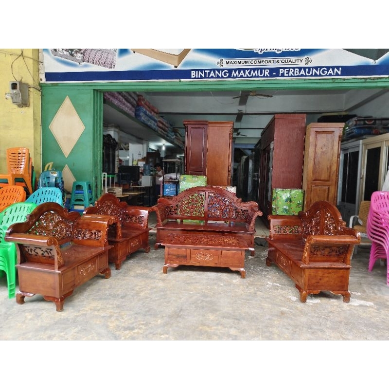 Sofa kayu kursi tamu kayu jati keong laci ukiran tempahan