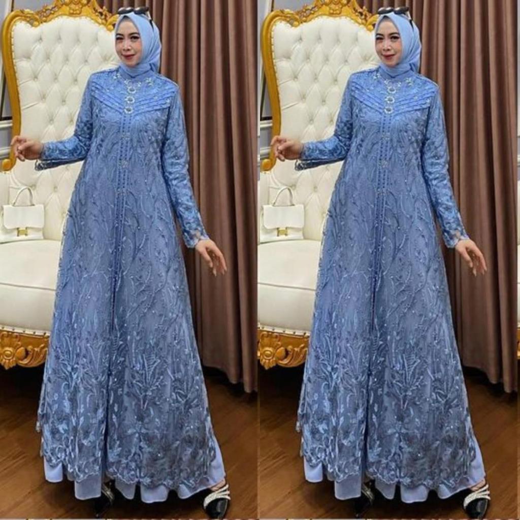 Gamis Brokat Terbaru 2025 Mewah Kekinian Zallia Dress Maxy Bahan Ceruty Babydoll Mix Brokat Kombinas