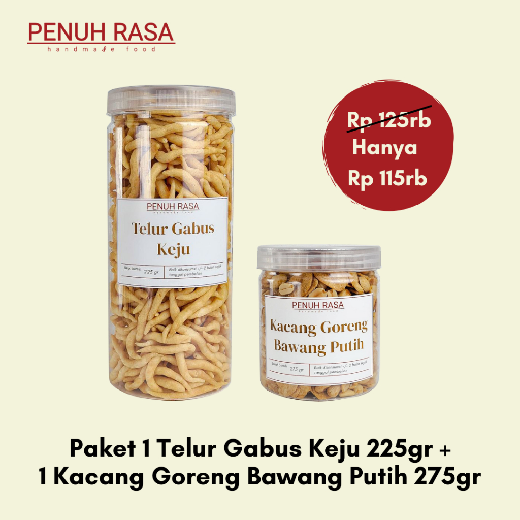 

Paket 1 Telur Gabus Keju 225 gr + 1 Kacang Goreng Bawang Putih 275 gr