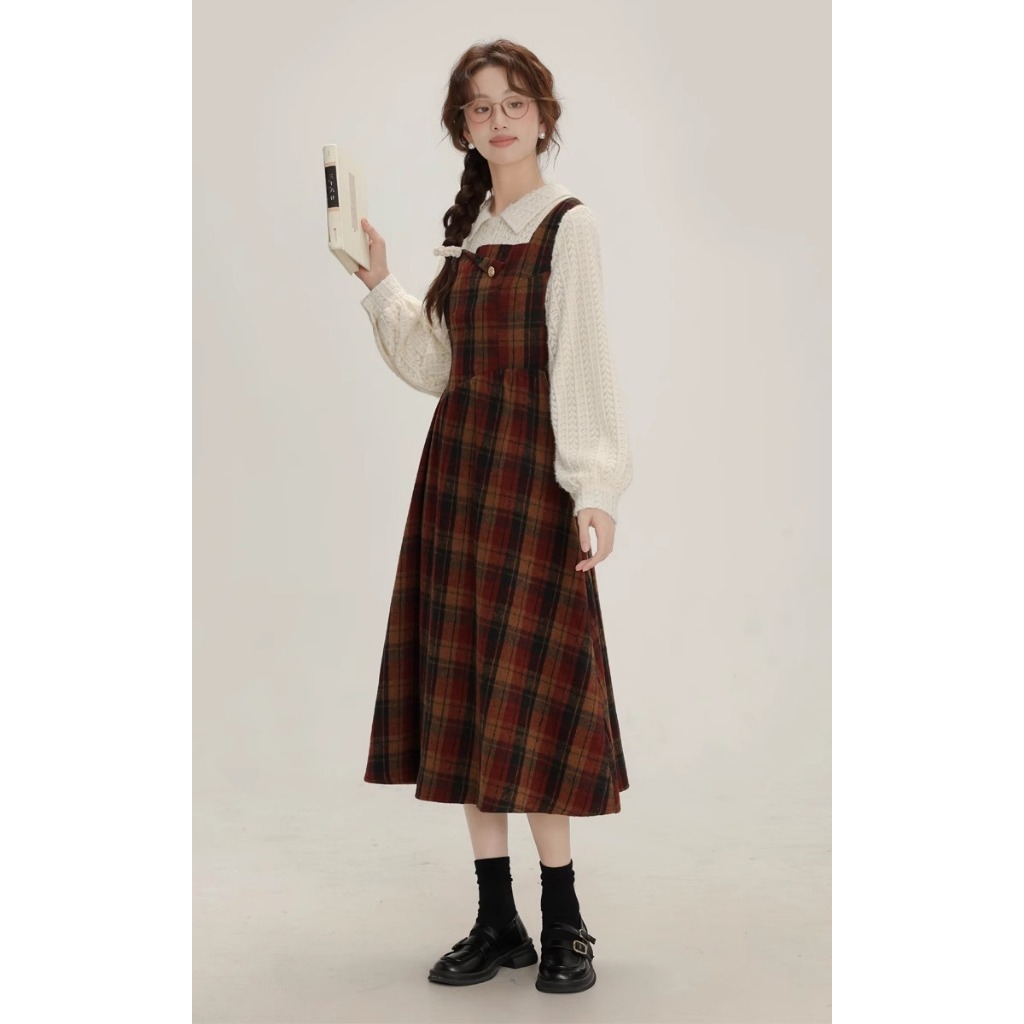 Gaun Panjang Korean Style Lengan Panjang Maxi Dress Desain Kotak Import China