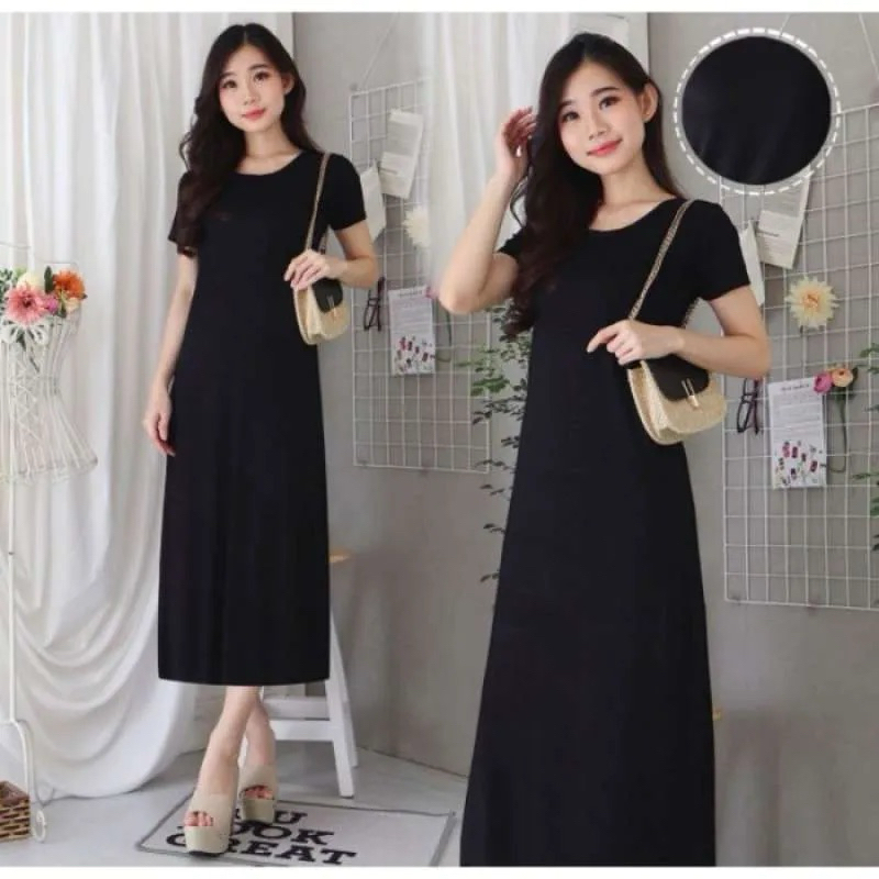 INNER PANJANG DALAMAN GAMIS WANITA INNER HITAM INNER LENGAN PENDEK SPAN KAIN MELAR