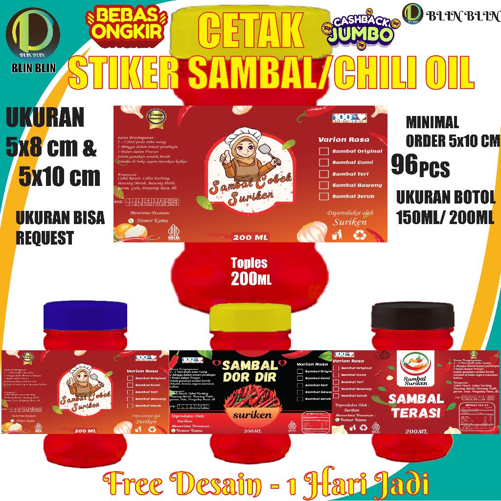 

Cetak Stiker Sambal, Stiker Lebel Sambal, Stiker Kemasan 150 ml/ 200 ml, Bisa Custom Gratis Desain