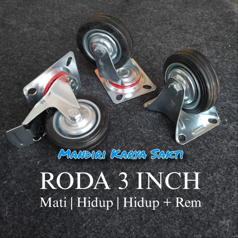 Roda Trolley Karet 3" Hidup+Rem | Hidup | Mati | Roda Caster Karet 3 Inch