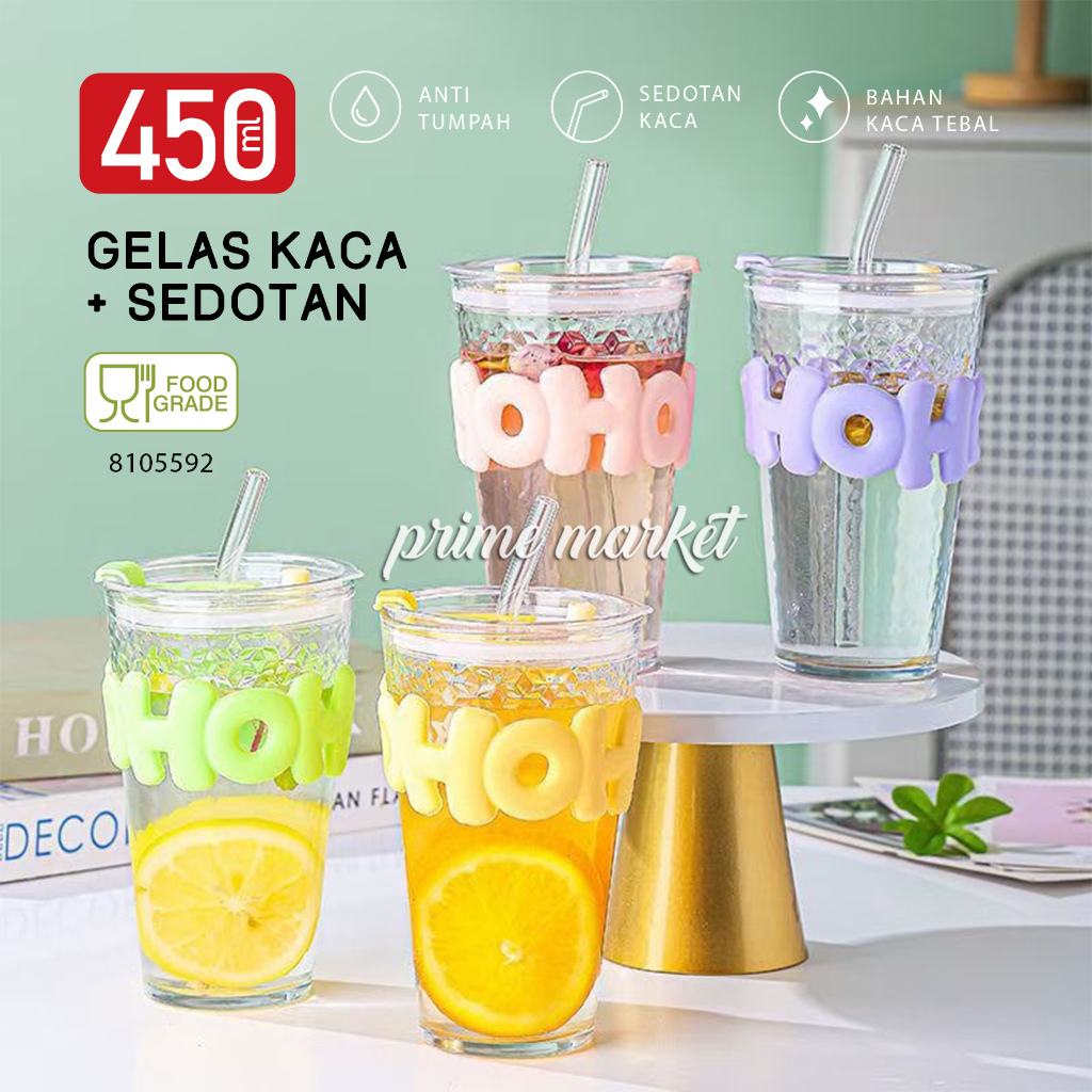 Gelas Kaca Aesthetic ala Korea Gelas Aesthetic Gelas Minum Kaca Gelas Kaca Sedotan 450ml (8105592)