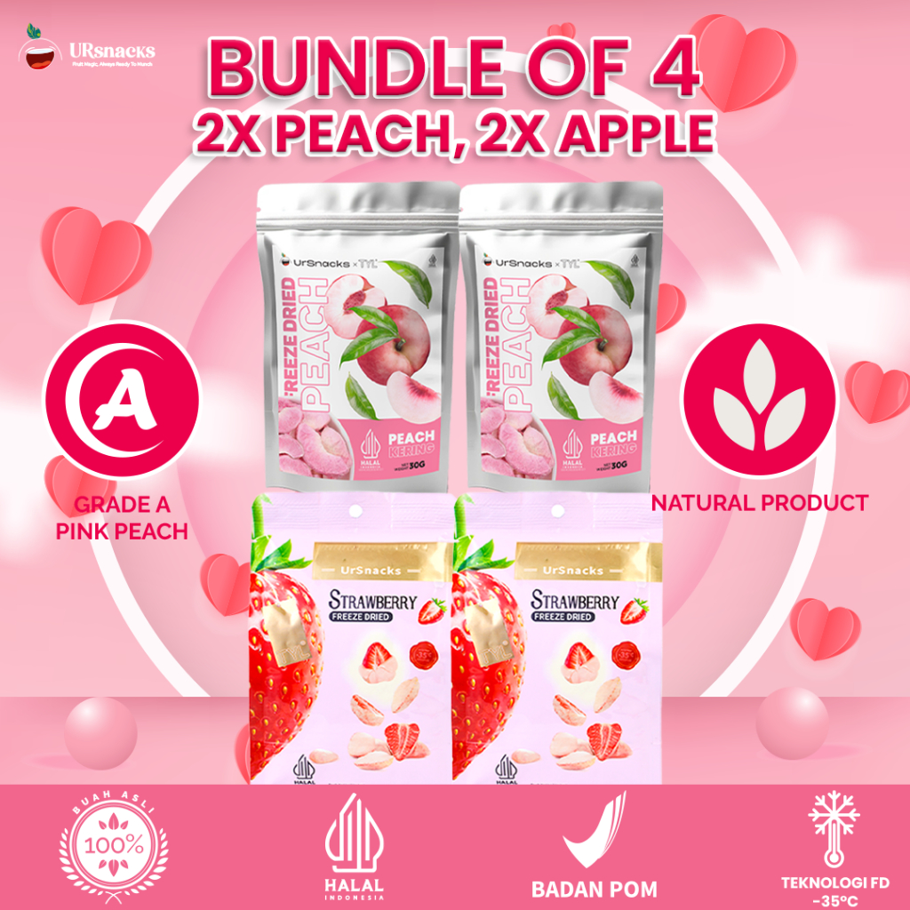 

URSNACKS Ursnacks Bundle Of 4 - 2Pcs Freeze Dried Peach 30gr + 2Pcs Freeze Dried Strawberry 22gr - Snack Keripik Buah Asli HALAL BPOM